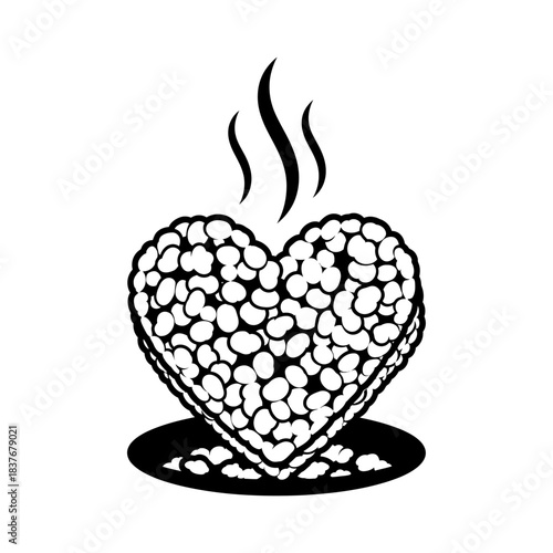 Heart shaped coffee beans vector silhouette with rising steam, a comforting hot beverage ingredient isolated on white background