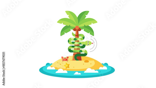 A cartoon tropical island with a palm tree, a snake, a crab, a star and ocean