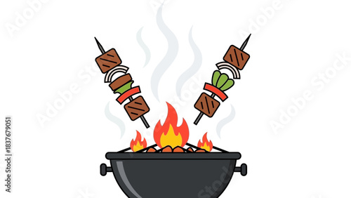 A grill with flames and skewers of meat and vegetables on white