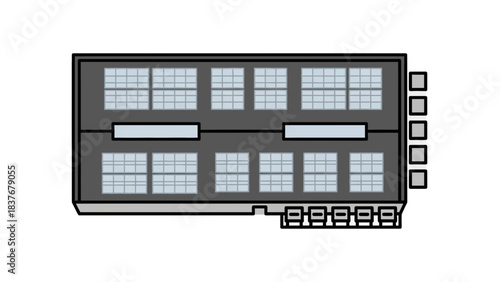 A dark gray architectural diagram of a building with many square windows and other structural components