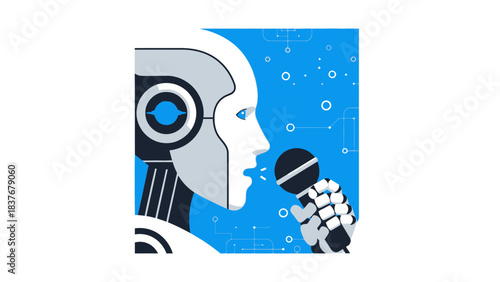 A futuristic robot holds a microphone, delivering a speech against a blue circuit background