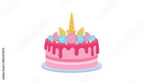 A cartoon illustration of a pink tiered unicorn cake with a horn, ears, and colorful candy toppings