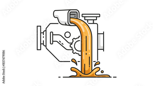 A linear illustration depicts a liquid pouring out from a machine, creating a small splash