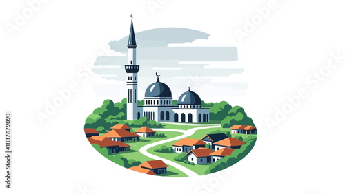 A mosque stands tall, amidst a village nestled in green hills, under a cloudy sky, depicted in a flat vector style