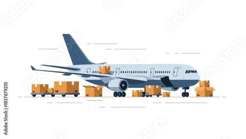 An airplane loads and unloads cardboard packages on a clean white ground