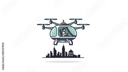 An illustration depicts a person flying in a personal drone above a silhouette of city buildings on a white background