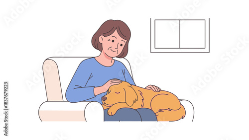 An older woman gently strokes a sleeping golden retriever on her lap in a cozy armchair near a framed picture