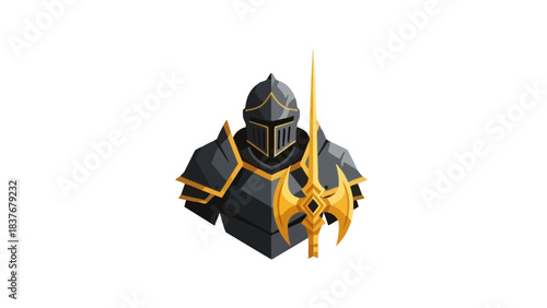 Armored knight holding a golden weapon illustration on a white backdrop