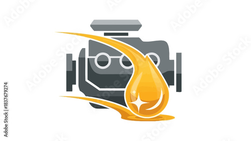 Cartoon grey motor block with golden oil drop, highlighted by a shining star