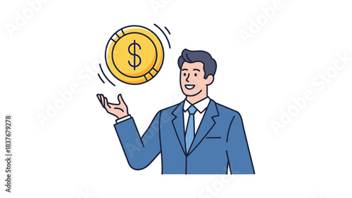 Cartoon illustration of a suited man tossing a golden dollar coin in the air