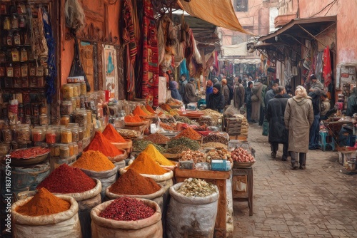 Fototapeta Naklejka Na Ścianę i Meble -  Vibrant spice market scene bustling with activity in Marrakech during the day