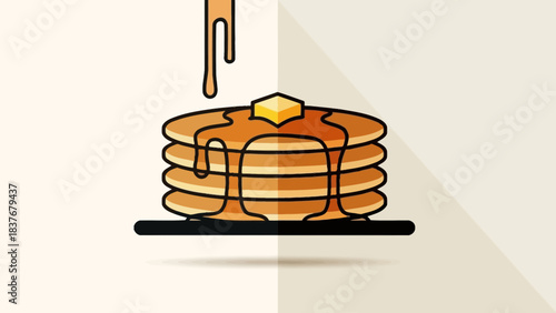Flat illustration of stack of pancakes with syrup & butter on a plate against a beige divided background