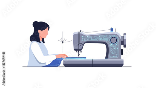 Flat vector illustration of a person sewing on a futuristic sewing machine with circuit board detailing