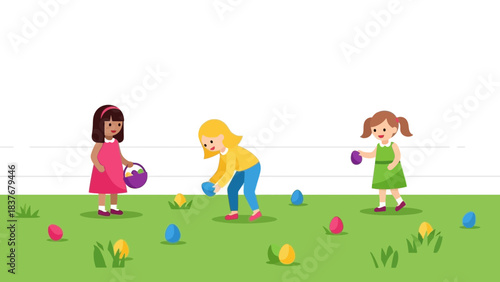 Flat illustration of girls hunting for colorful Easter eggs in a grassy field