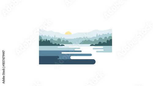 Flat vector lake view at sunrise