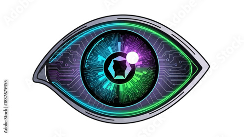 Futuristic, tech-themed eye with circuit board patterns and vivid neon green, blue, and purple gradients on a white background