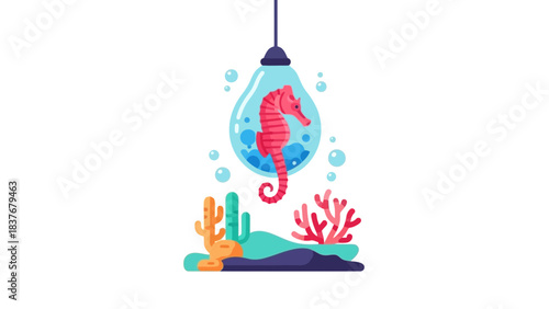 Graphic illustration A seahorse in a lightbulb aquarium over simplified coral and cactus