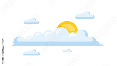 Graphic cartoon style, golden sun partially obscured behind fluffy, stylized white clouds in a sky-blue layered background