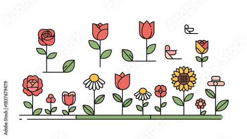 Flat-style illustration of a flower bed with various flowers and small birds
