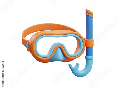 3d render of orange and blue snorkeling mask and snorkel isolated on transparent background