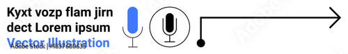 Communication networks, audio technology, digital media, voice input, broadcasting, direction flow. Microphone icon with connected line and arrow. Communication and audio technology concept