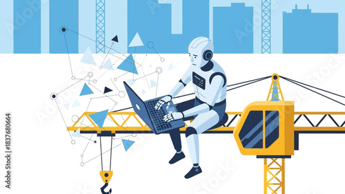 Robot sits on a crane with laptop amidst building backdrop and geometric shapes, symbolizing technology and future
