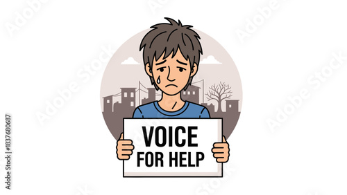 Sad cartoon character holds 'Voice for Help' sign against a cityscape backdrop with gray circular background