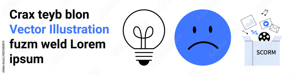 Fototapeta premium Creativity, emotions, e-learning, digital tools, SCORM, and education. Lightbulb idea, sad face and SCORM box with media icons. Creativity and e-learning concept combining innovation and tech