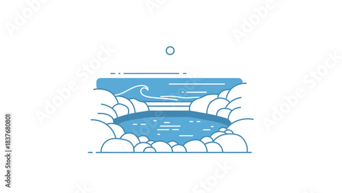 Simplified blue lined illustration of a lake nestled amongst clouds under the sun on a bright, white background