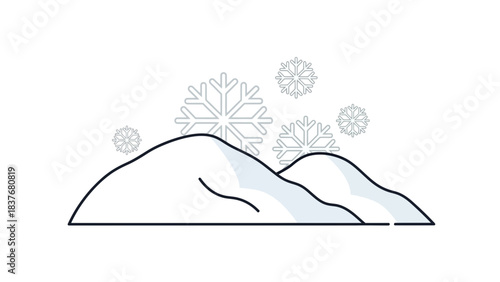 Snowy hills icon. Wintery scene with minimal line art and soft pastel shade on two hills with falling snowflakes