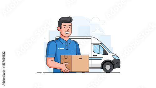 Smiling delivery man holds package with van behind him, depicted in a clean, minimalist cartoon style illustration