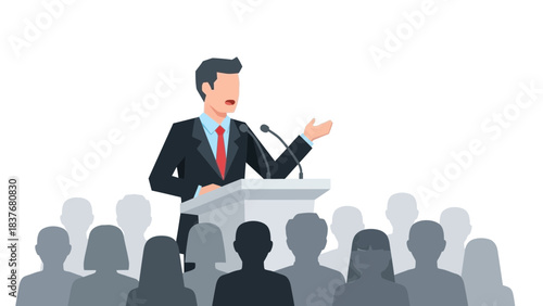 Speaker in suit addressing a gray crowd, using microphones from a white podium on a white background