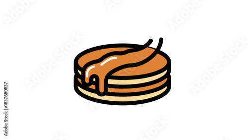 Stack of pancakes with brown syrup drizzled on top, outlined in black on a white background