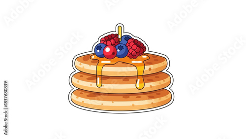 Stack of pancakes topped with berries and drizzled with syrup, cartoon style