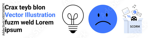 Creativity, emotions, e-learning, digital tools, SCORM, and education. Lightbulb idea, sad face and SCORM box with media icons. Creativity and e-learning concept combining innovation and tech