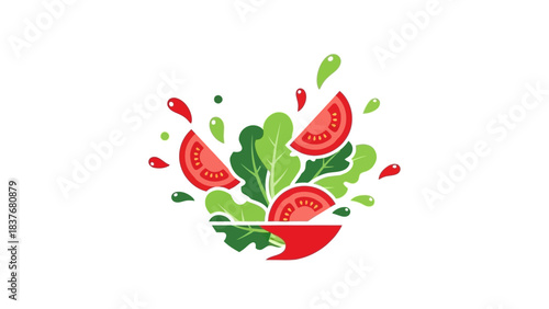 Stylized bowl of salad with sliced tomatoes and greens, with dripping juice or dressing; clean, modern aesthetic