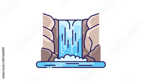 Stylized cartoon illustration of a waterfall cascading between rocks into a pool, featuring a clean design aesthetic