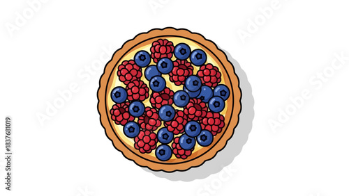 Top-down illustration of a berry tart with raspberries and blueberries, set against a plain white backdrop