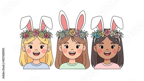 Three diverse girls with bunny ears and flower crowns smiling happily in a cartoon style on a white background