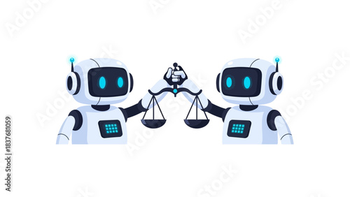 Two cartoon robots hold a scales of justice against a white backdrop