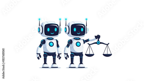 Two cute cartoon robots, one holding the Scales of Justice on a white background