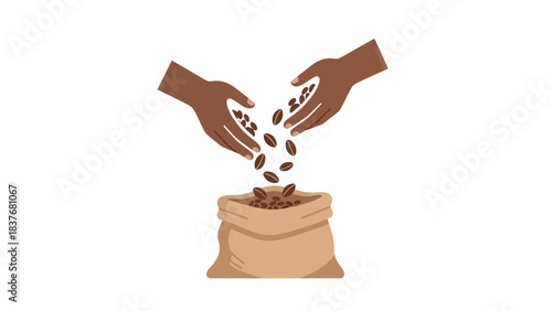 Two hands pouring coffee beans into a sack, vector illustration, isolated on white background