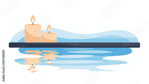 Two lit candles rest on a surface with water reflections