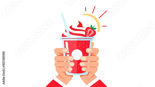 Two hands hold a strawberry smoothie with whipped cream and a straw on a white background with a sun