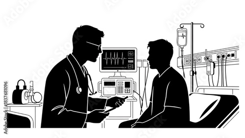 Black silhouette line art of a doctor consulting a patient in a hospital room with monitor and medical equipment