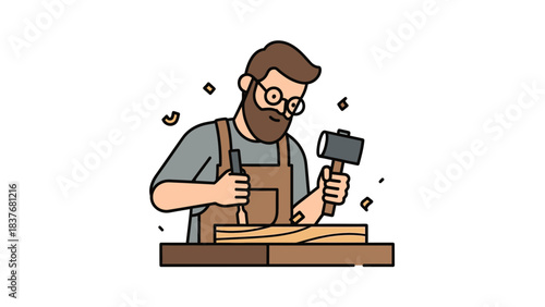 Woodworker using hammer and chisel on wood, wearing glasses and beard, in flat vector style