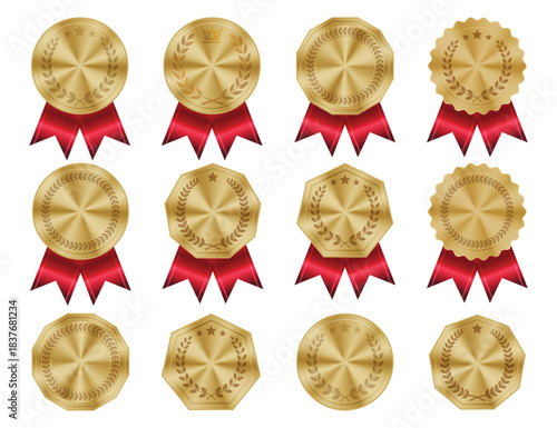 Gold Award Badges with Red Ribbons and Ornate Designs
