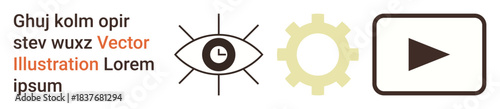 Technology, process automation, media tools, design elements, creative process, user experience. Eye, gear and play button icons in simple style. Technology and process automation concept