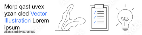Productivity, innovation, organization, planning, eco-friendly concepts, creative solutions. Minimalist icons include a light bulb, checklist and abstract leaf. Productivity and innovation