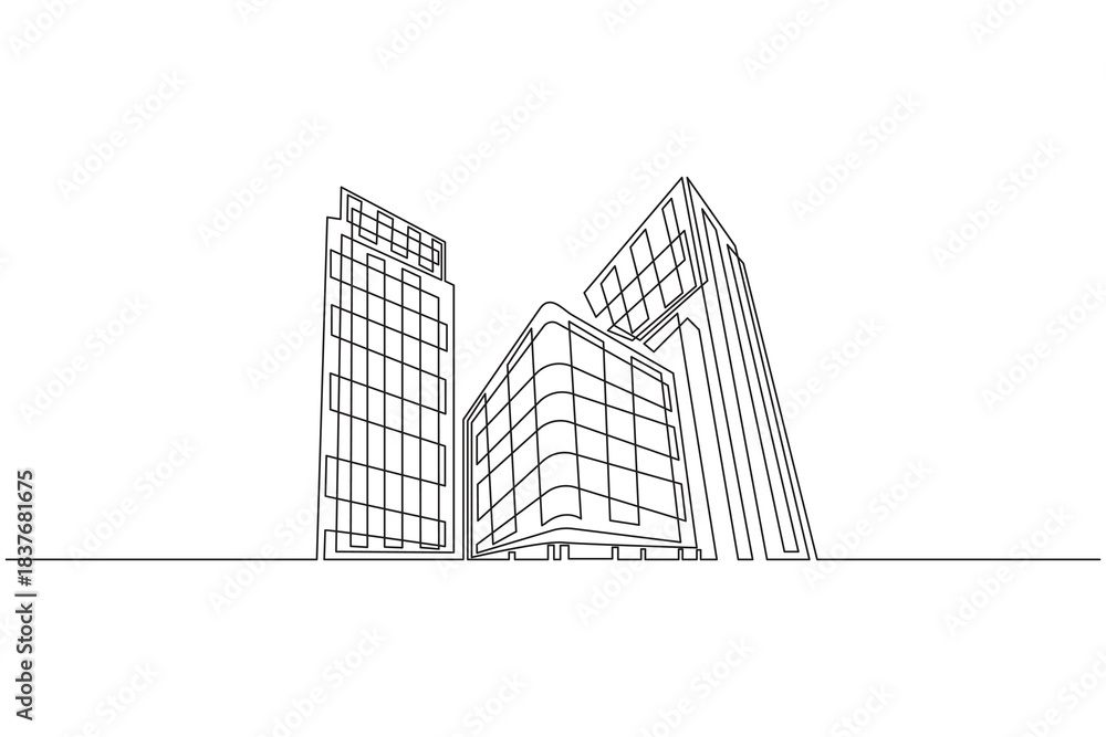 Obraz premium Modern office building skyline continuous one line drawing minimal outline artwork.Contemporary office tower continuous one line drawing elegant minimal vector art illustration.